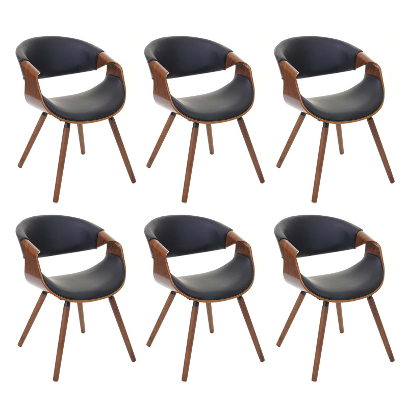 6x chaise de salle à manger design rétro, vintage, bois de proue, aspect noix, similicuir - noir