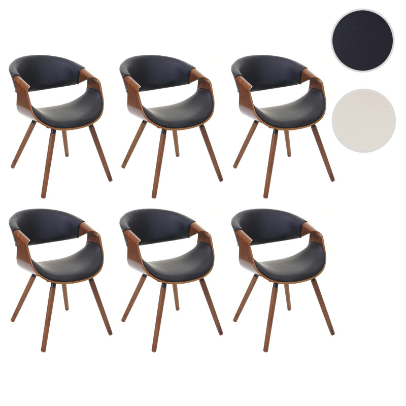 6x chaise de salle à manger design rétro, vintage, bois de proue, aspect noix, similicuir - noir