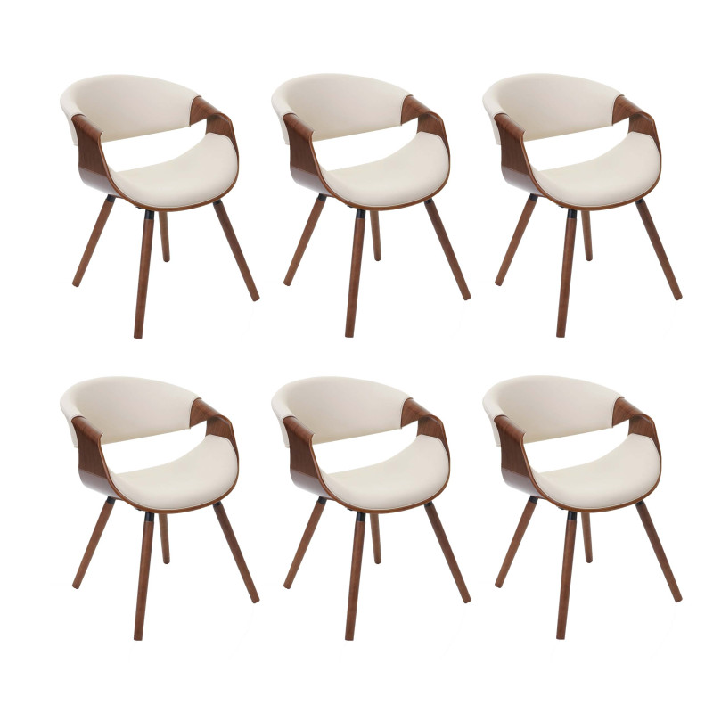 6x chaise de salle à manger design rétro, vintage, bois de proue, aspect noix, similicuir - crème