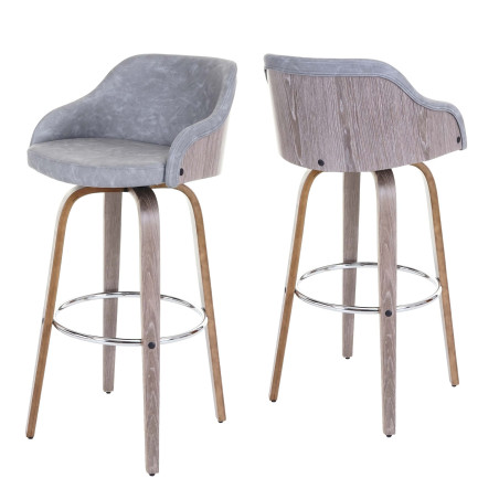 2x tabouret de bar chaise de comptoir, design rétro, bois de proue, similicuir, vintage gris