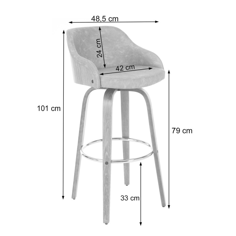 2x tabouret de bar chaise de comptoir, design rétro, bois de proue, similicuir, vintage gris