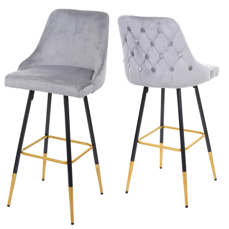 2x tabouret de bar chaise de bar/comptoir, design rétro, velours, haubans/pieds dorés - gris