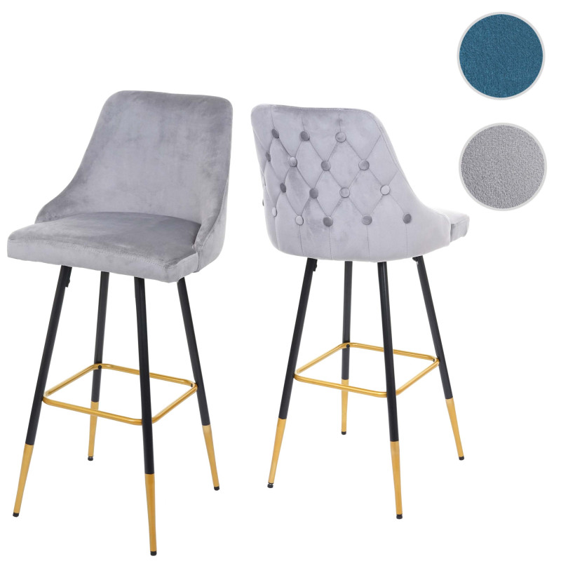 2x tabouret de bar chaise de bar/comptoir, design rétro, velours, haubans/pieds dorés - gris