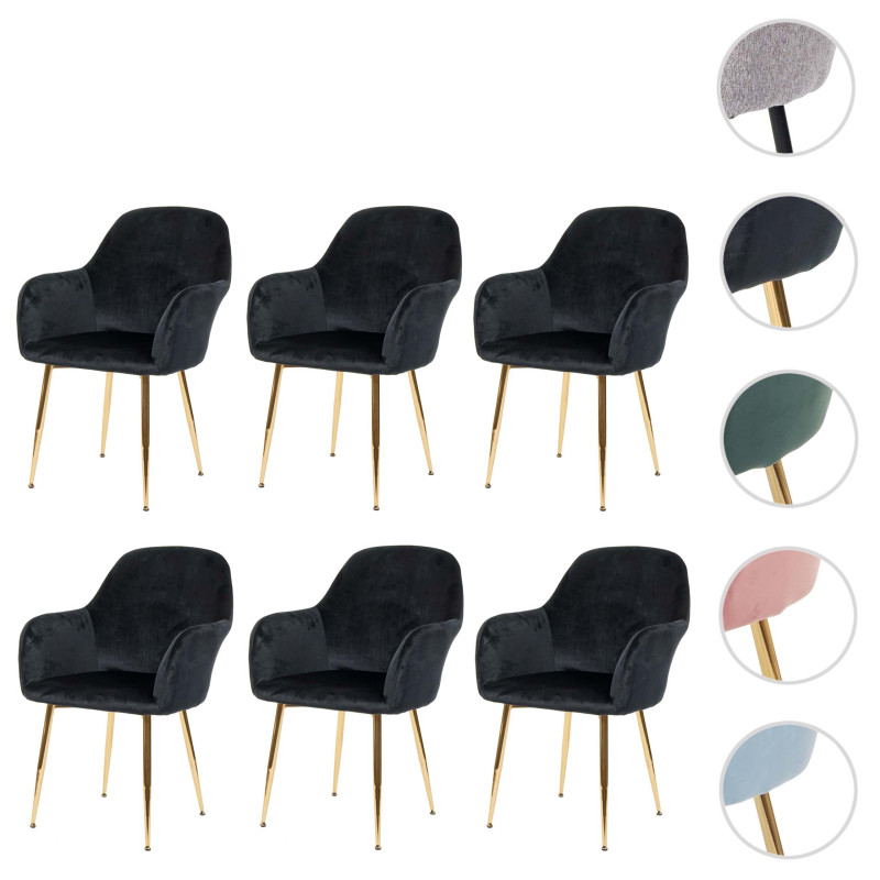 6x chaise de salle à manger , design rétro - velours noir, pieds dorés