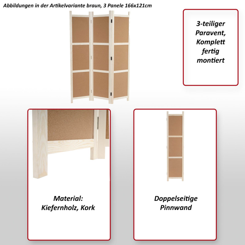 Paravent cloison de séparation, pare-vue, brise-vue, tableau en liège - marron, 4 éléments 166x160cm