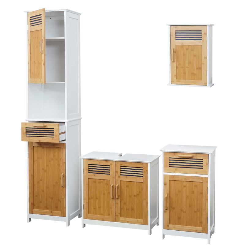 Meubles de salle de bain armoire haute, meuble sous évier, armoire suspendue, commode, bambou, blanc