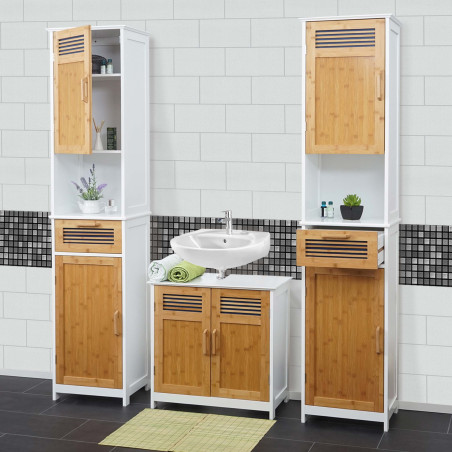 Meubles de salle de bain 2x armoire haute, meuble sous évier, bambou, blanc