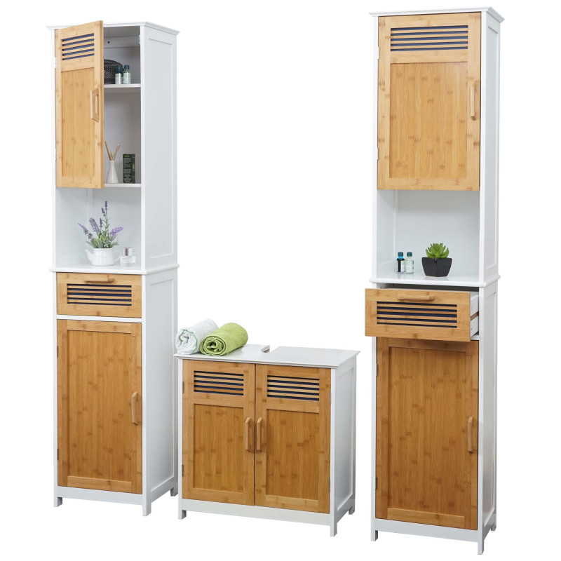 Meubles de salle de bain 2x armoire haute, meuble sous évier, bambou, blanc