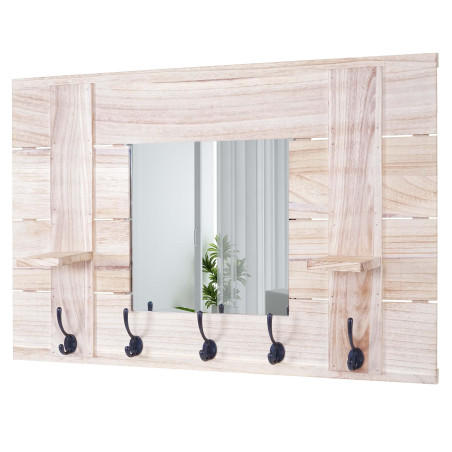 Garderobe murale avec miroir, planche vestiaire, vintage, 5 crochets 90x60cm - brun naturel