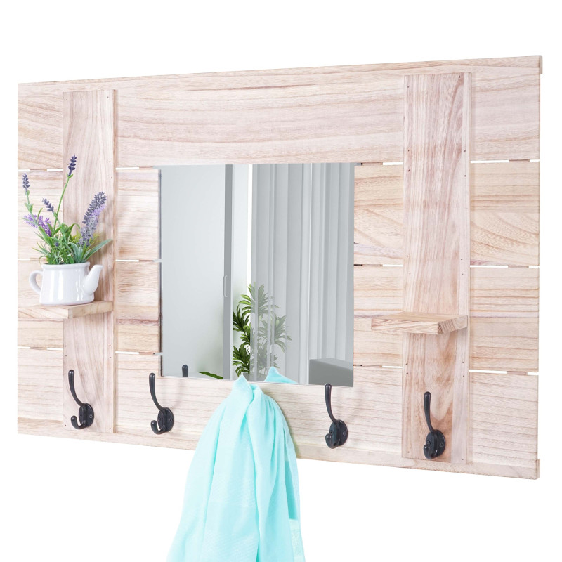 Garderobe murale avec miroir, planche vestiaire, vintage, 5 crochets 90x60cm - brun naturel