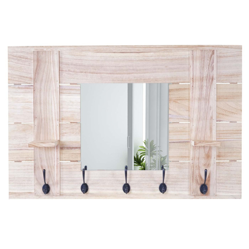 Garderobe murale avec miroir, planche vestiaire, vintage, 5 crochets 90x60cm - brun naturel