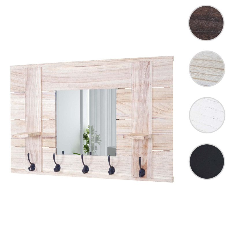 Garderobe murale avec miroir, planche vestiaire, vintage, 5 crochets 90x60cm - brun naturel