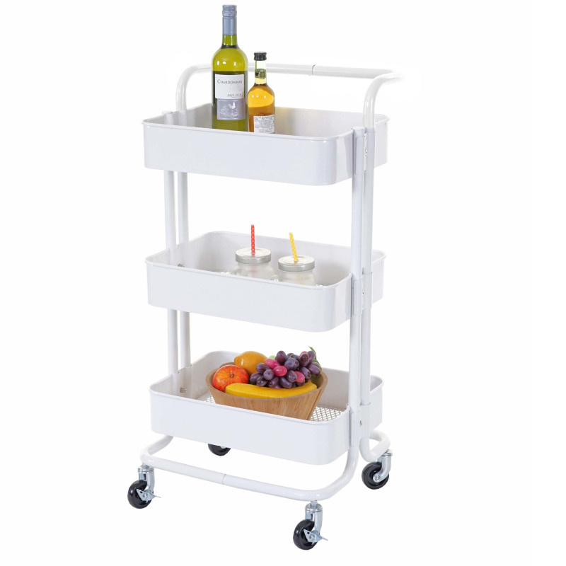 Chariot de service pour cuisine ou bar, métal, 79x44x37cm - blanc avec poignée