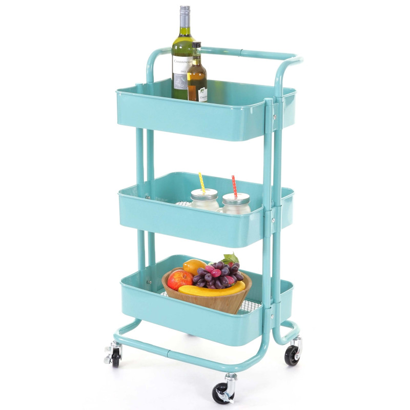 Chariot de service pour cuisine ou bar, métal, 79x44x37cm - bleu clair avec poignée