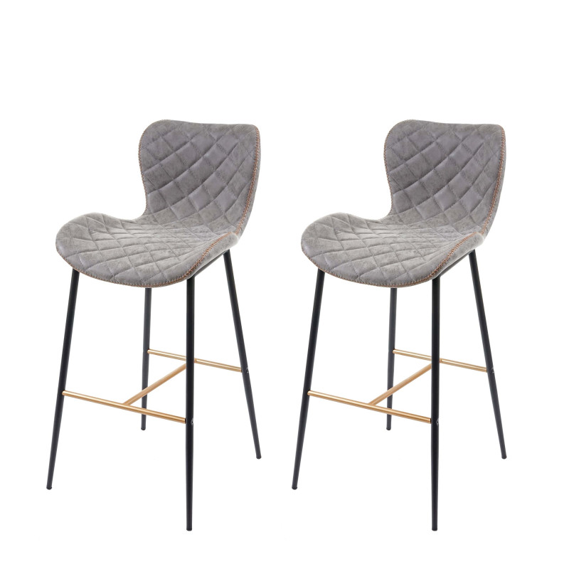 2x tabouret de bar chaise de bar/comptoir, vintage, haubans dorés - similicuir, aspect daim, gris