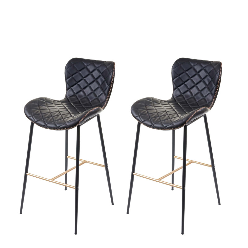 2x tabouret de bar chaise de bar/comptoir, vintage, haubans dorés - similicuir noir