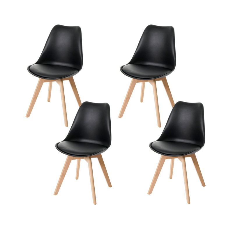 4x chaise de salle à manger , design rétro - noir/noir, similicuir, pieds clairs