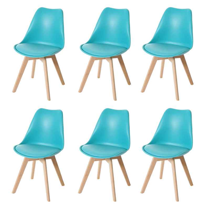 6x chaise de salle à manger cuisine, design rétro - turquoise/turquoise, similicuir, pieds clairs