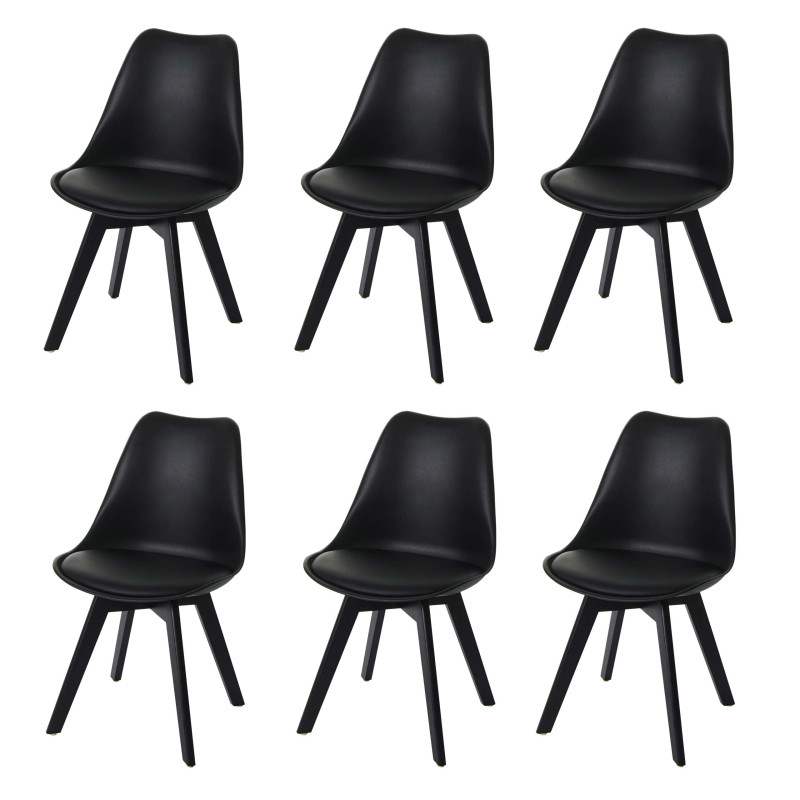 6x chaise de salle à manger , design rétro - noir/noir, similicuir, pieds noirs