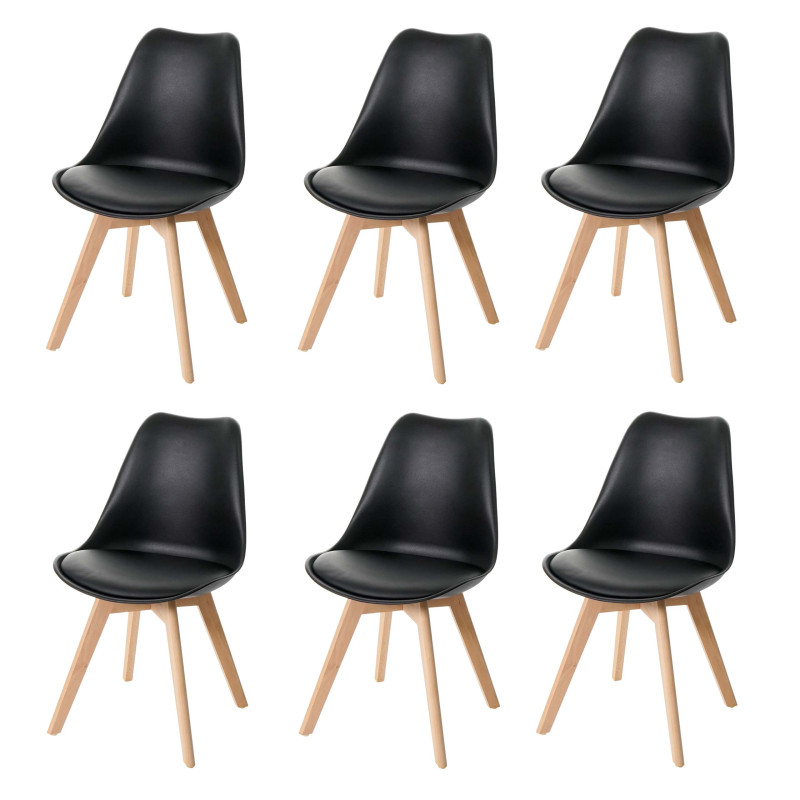 6x chaise de salle à manger , design rétro - noir/noir, similicuir, pieds clairs