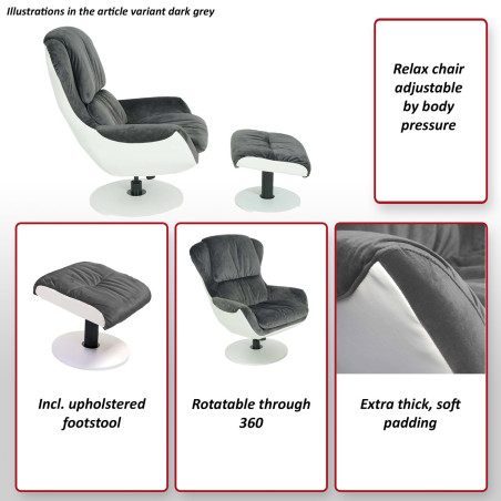 Fauteuil relax fauteuil de télévision, siège rotatif, tabouret, velours/similicuir - gris foncé