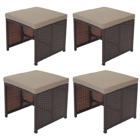 4x tabouret en polyrotin Kreta set lounge de jardin, 36x40cm noir, coussin beige