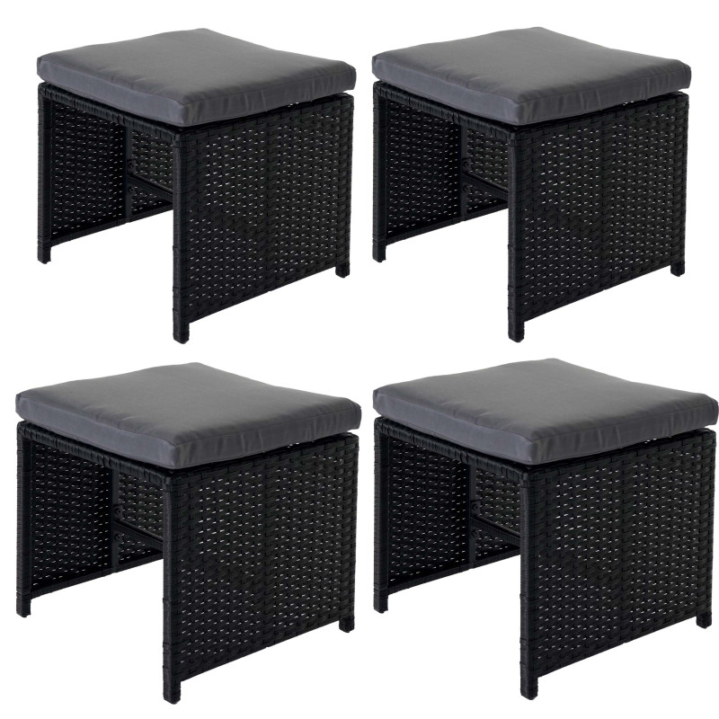 4x tabouret en polyrotin Kreta set lounge de jardin, 36x40cm noir, coussin gris