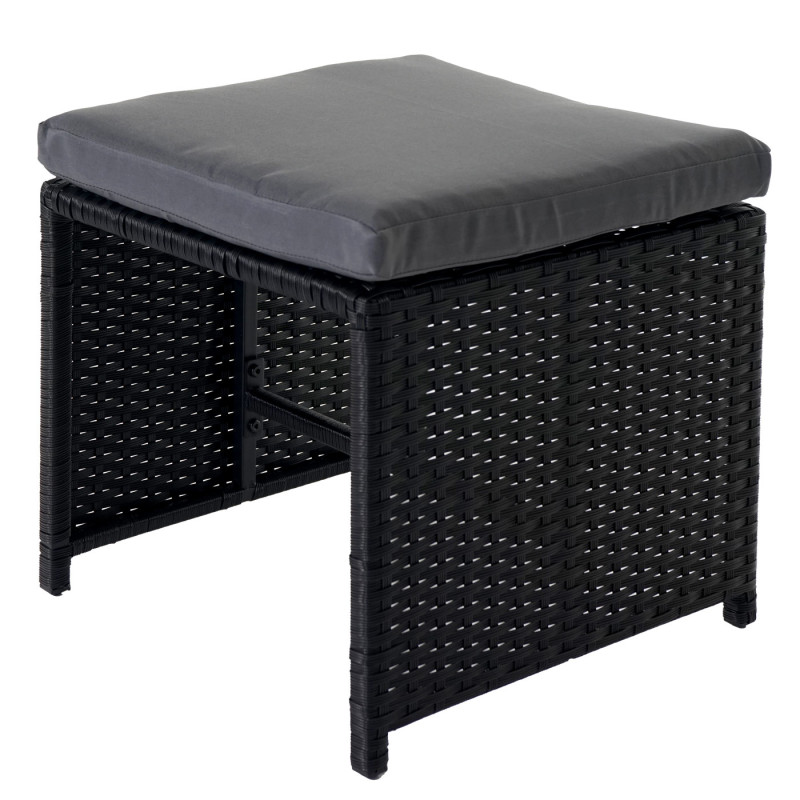 4x tabouret en polyrotin Kreta set lounge de jardin, 36x40cm noir, coussin gris