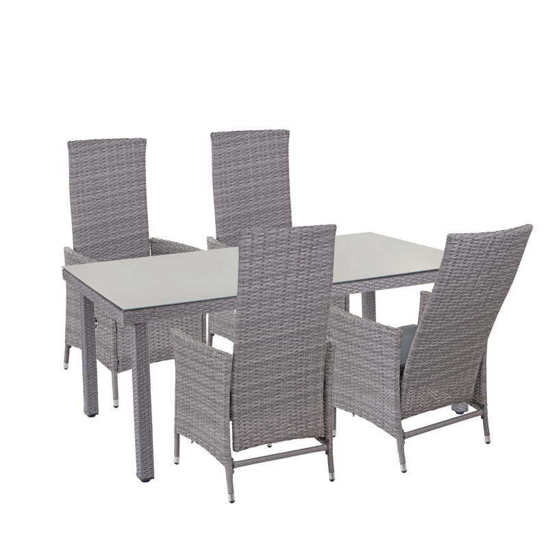 Garniture en polyrotin salon de jardin, 4xchaise+table de jardin 160x90cm - gris, coussin gris foncé