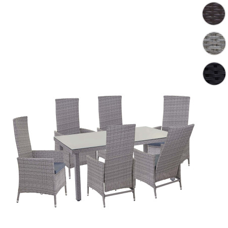 Garniture en polyrotin salon de jardin, 6xchaise+table de jardin 160x90cm - gris, coussin gris foncé