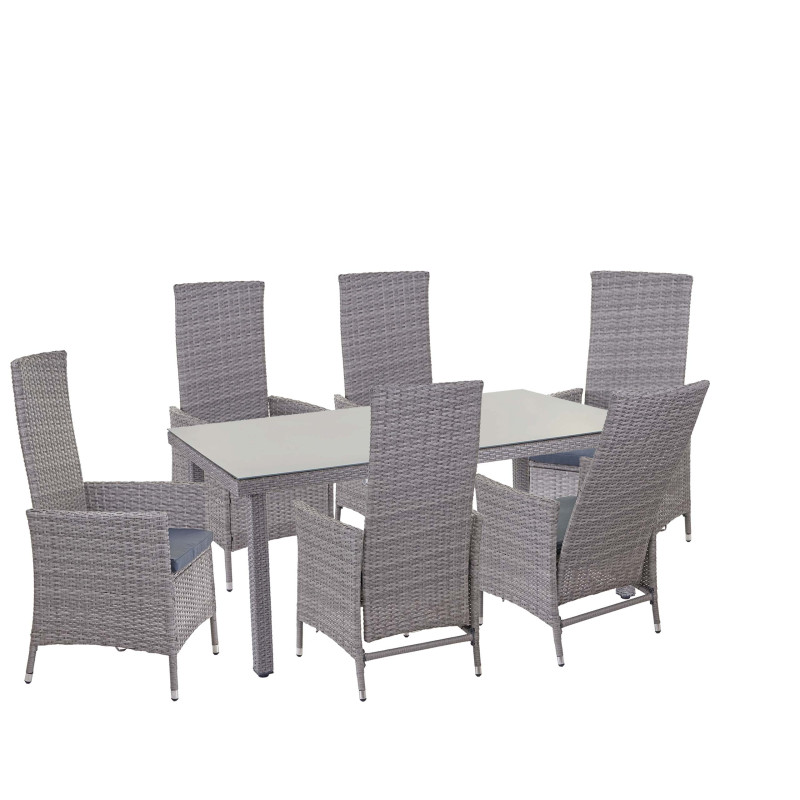 Garniture en polyrotin salon de jardin, 6xchaise+table de jardin 160x90cm - gris, coussin gris foncé