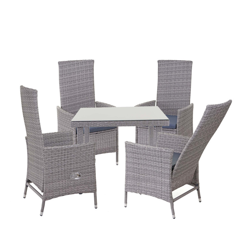 Garniture en polyrotin salon de jardin, 4xchaise+table de jardin 90x90cm - gris, coussin gris foncé