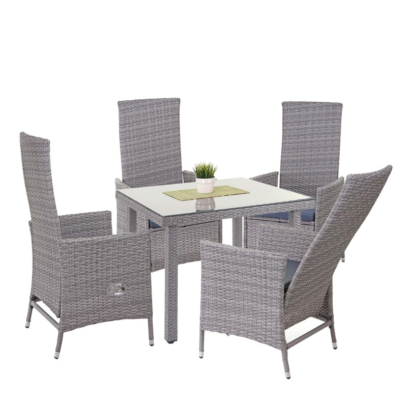 Garniture en polyrotin salon de jardin, 4xchaise+table de jardin 90x90cm - gris, coussin gris foncé