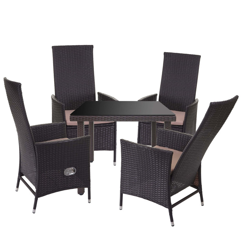Garniture en polyrotin salon de jardin, 4xchaise+table de jardin 90x90cm - marron, coussin crème