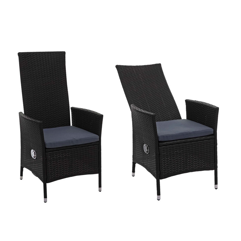 2x fauteuil de jardin en polyrotin, réglable - noir, coussins gris foncés