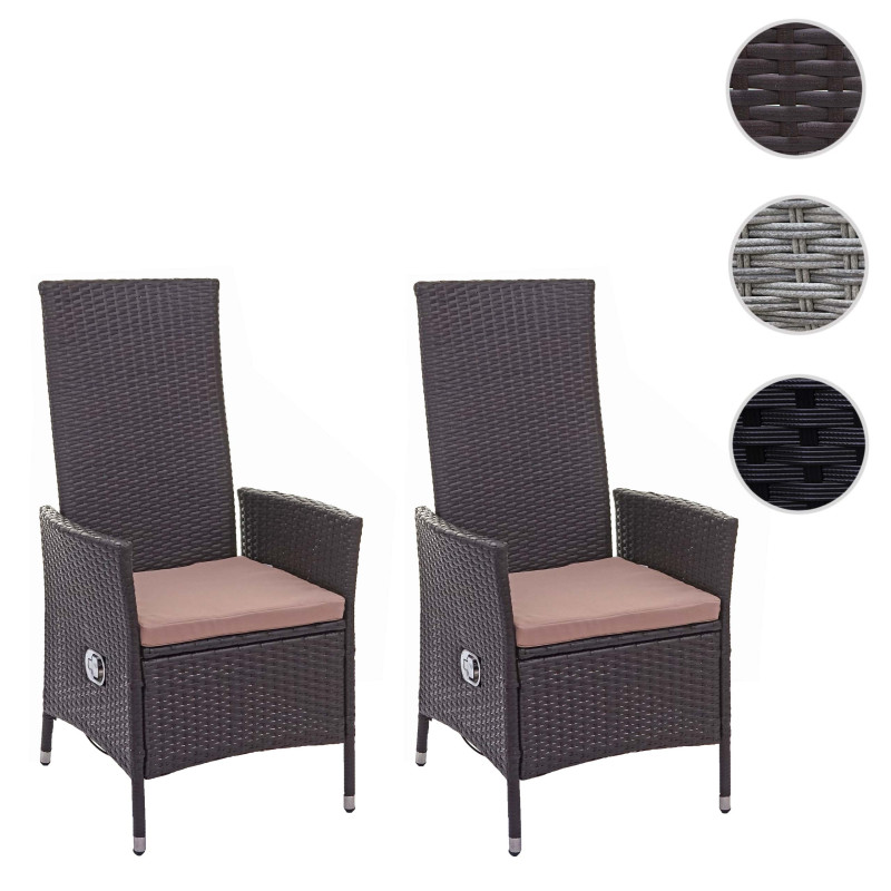 2x fauteuil de jardin en polyrotin, réglable - marron, coussins couleur crème