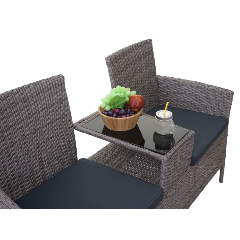 Banc avec table en polyrotin banquette de jardin, meuble de jardin 132cm - gris, coussin gris foncé