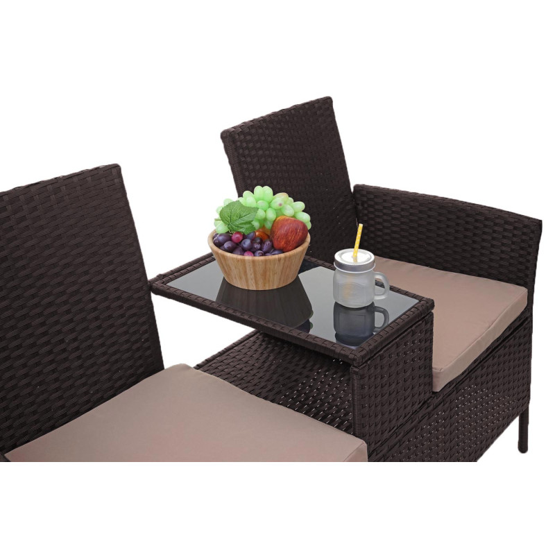 Banc avec table en polyrotin banquette de jardin, meuble de jardin 132cm - marron, coussin crème