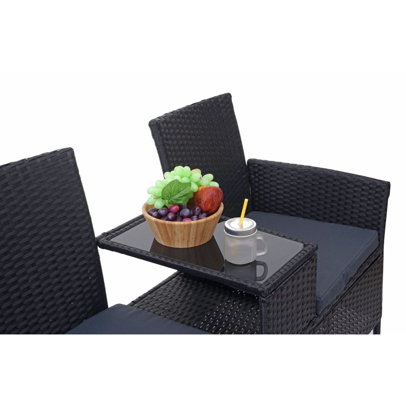 Banc avec table en polyrotin banquette de jardin, meuble de jardin 132cm - noir, coussin gris foncé