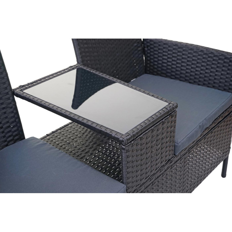 Banc avec table en polyrotin banquette de jardin, meuble de jardin 132cm - noir, coussin gris foncé