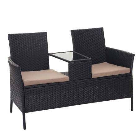 Banc avec table en polyrotin banquette de jardin, meuble de jardin 132cm - noir, coussin crème