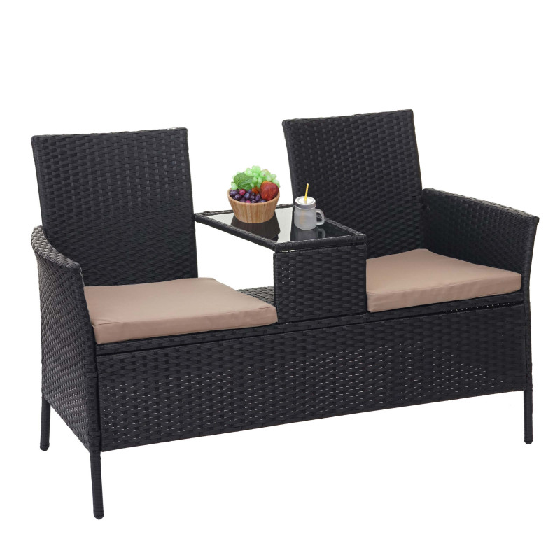 Banc avec table en polyrotin banquette de jardin, meuble de jardin 132cm - noir, coussin crème