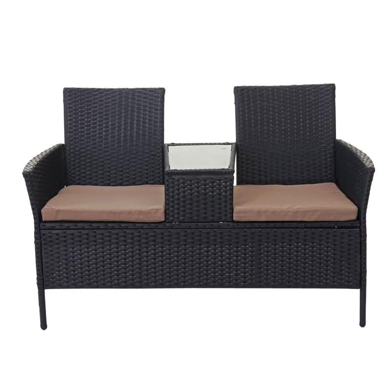 Banc avec table en polyrotin banquette de jardin, meuble de jardin 132cm - noir, coussin crème