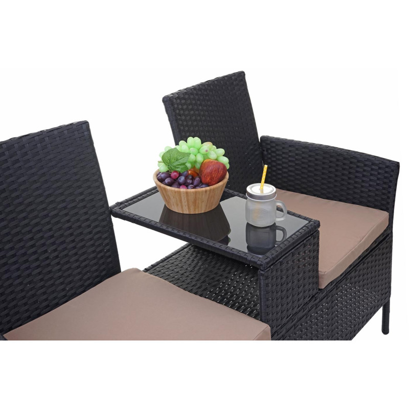 Banc avec table en polyrotin banquette de jardin, meuble de jardin 132cm - noir, coussin crème