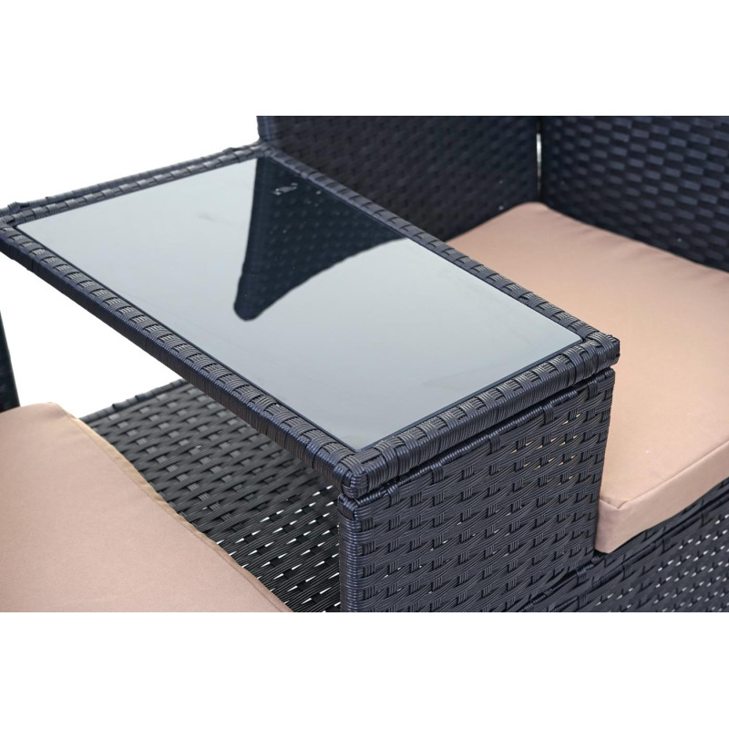 Banc avec table en polyrotin banquette de jardin, meuble de jardin 132cm - noir, coussin crème