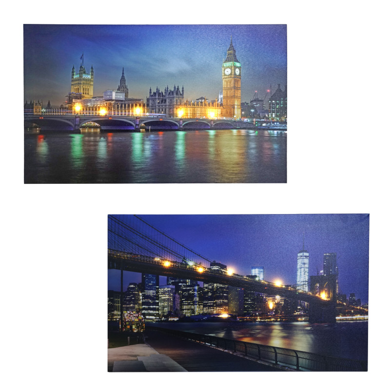 2x tableau LED image avec illumination, toile mural 60x40cm, ponts