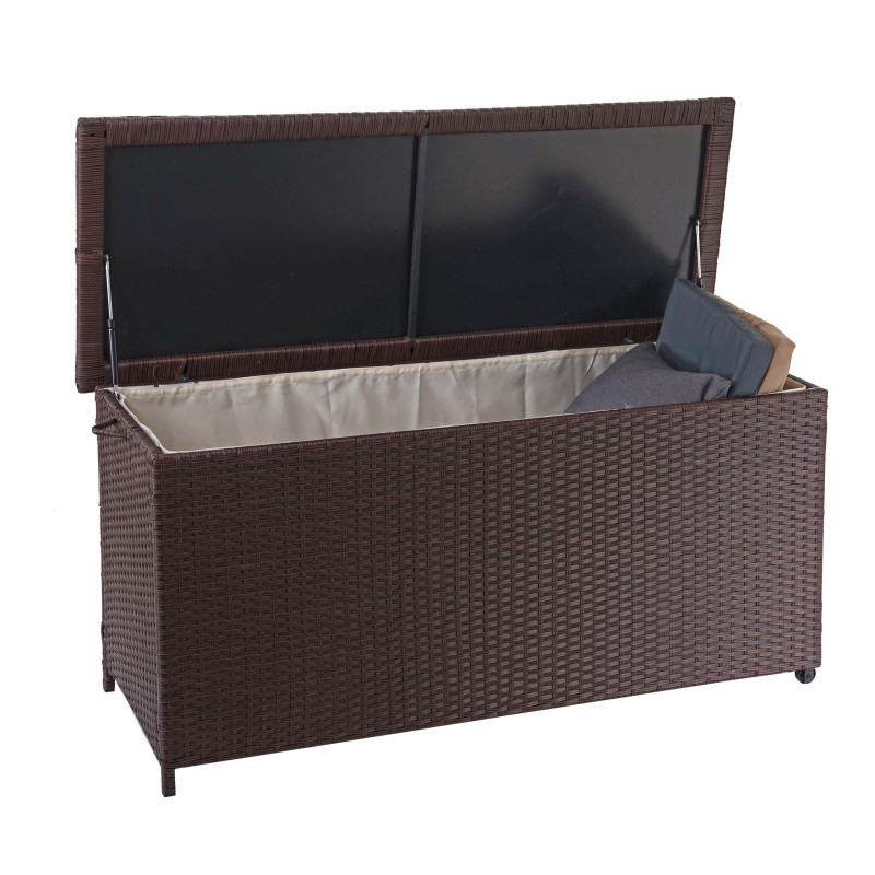 Coffre à coussins en polyrotin, coffre jardin - Premium marron, 63x135x52 cm, 320l