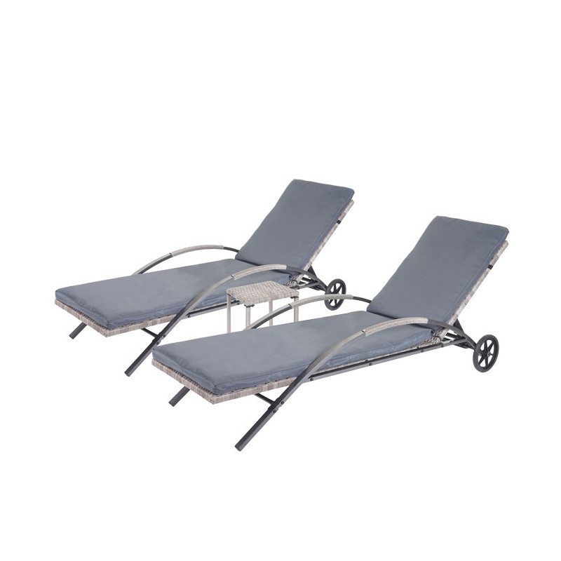 2x Chaises longues en polyrotin - gris, coussins gris foncé