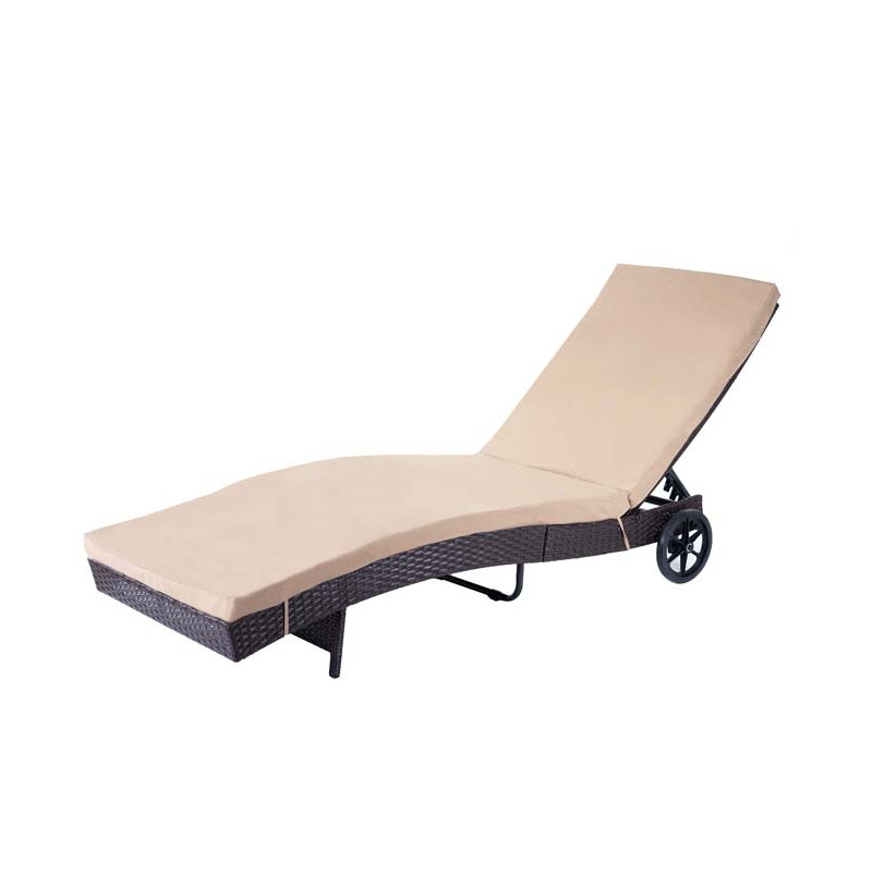 Chaise longue en polyrotin - marron, coussin beige