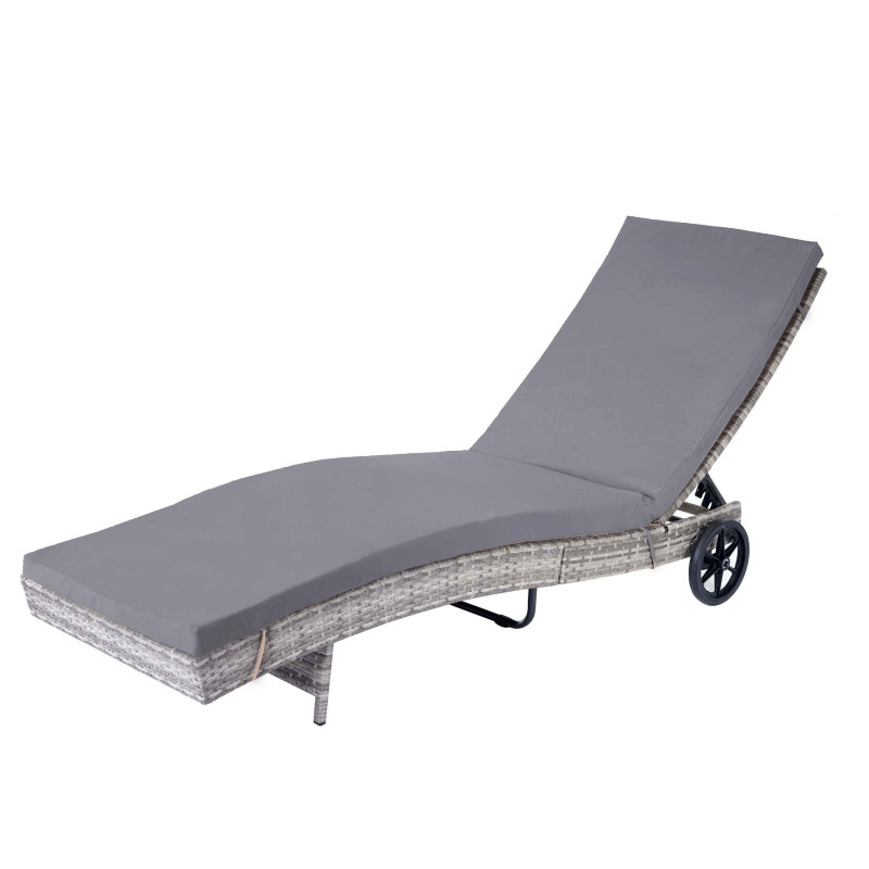 Chaise longue en polyrotin - gris, coussin gris foncé
